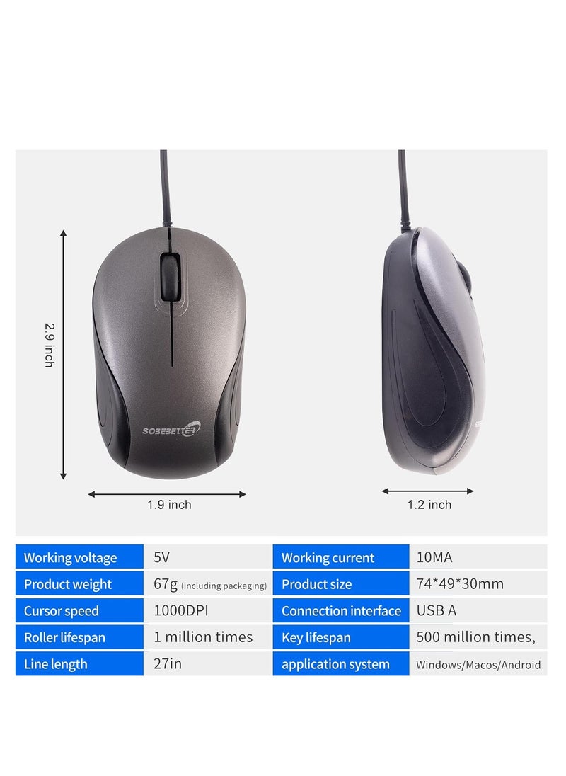 KASTWAVE - USB Wired Mini Mouse, Computer Mouse, Compact, Portable, Small Travel Mice with Retractable Cable, Corded Mouse, for Computers and Laptops, Gray - Image 1