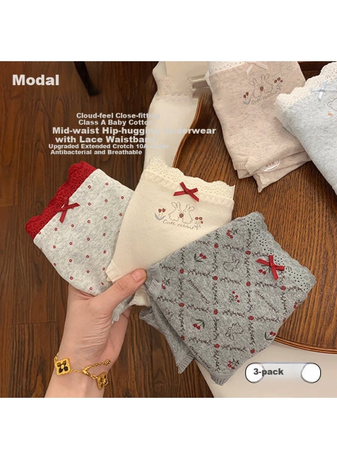 Modal Women's Underwear 100% Cotton Antibacterial Breathable Lace Extended Crotch Sweet Style 3-pack M Autumn Winter New