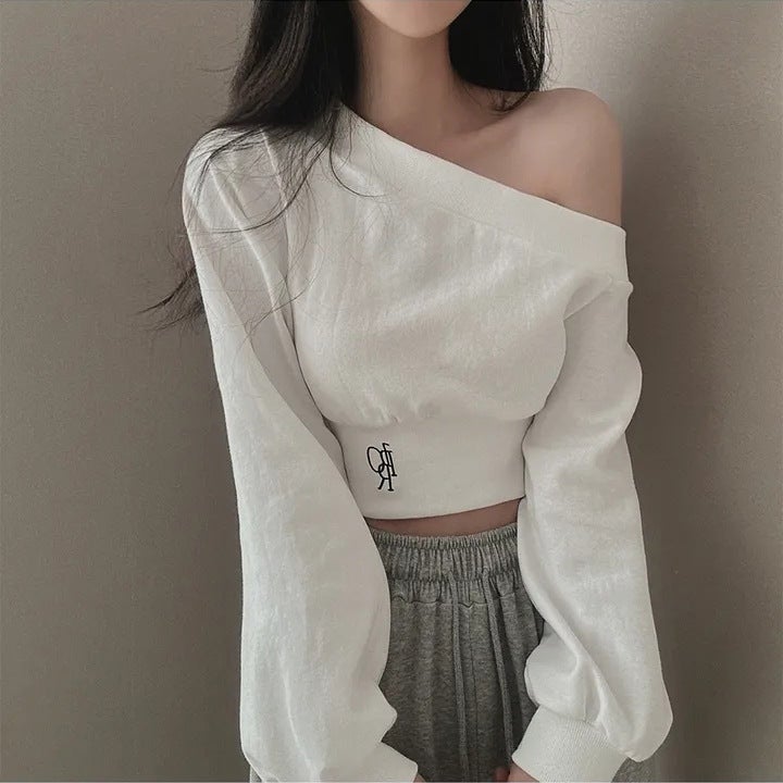 Korean-style Niche Personality Irregular Slant Collar Shoulder Tight Waist Slimming Fashionable Elegant All-match Short Long-sleeved Sweat for Women White - Image 1