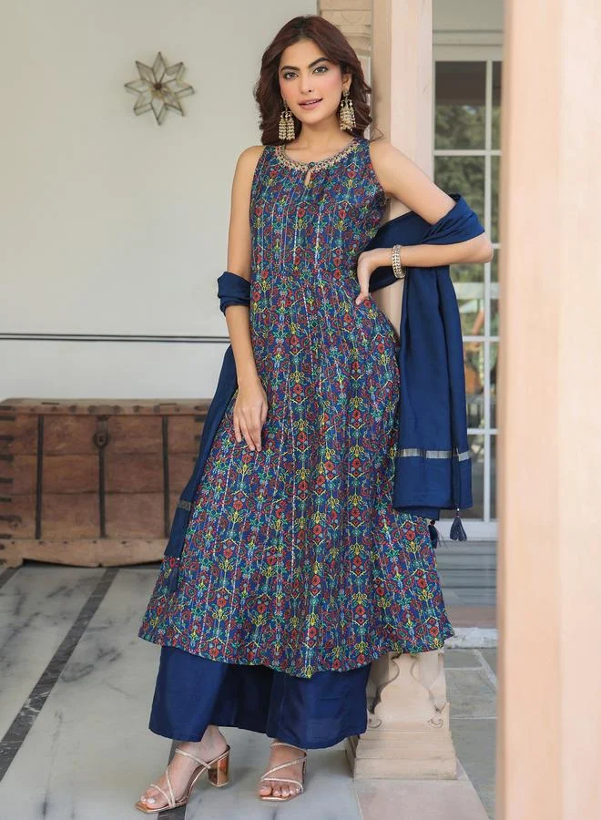 Janasya Janasya Embellished Sleeveless Kurta with Palazzo and Dupatta Set