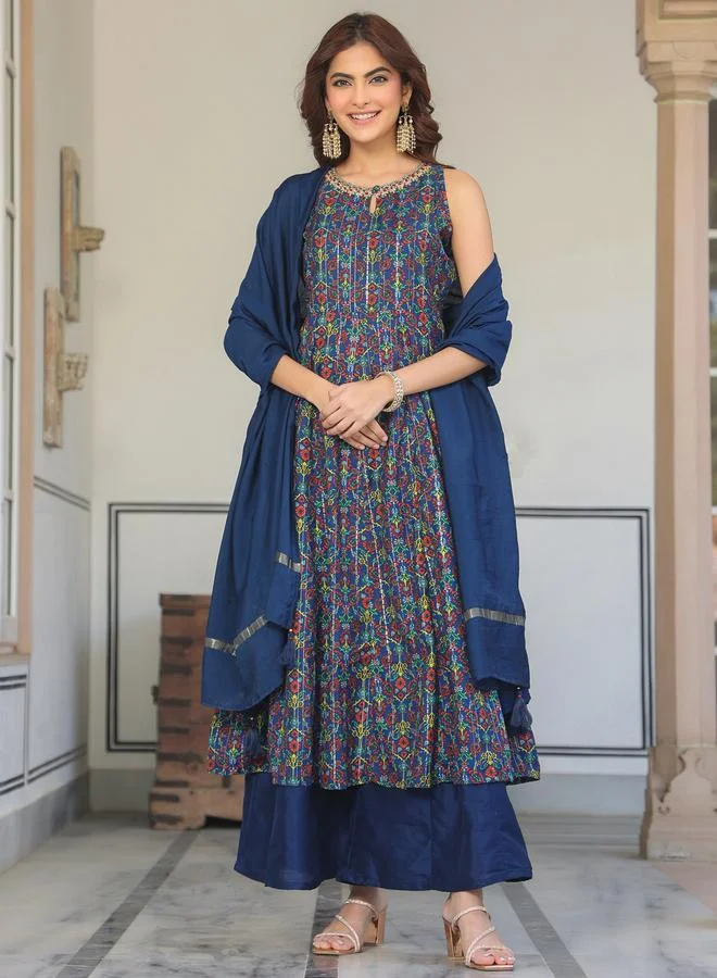 Janasya Janasya Embellished Sleeveless Kurta with Palazzo and Dupatta Set