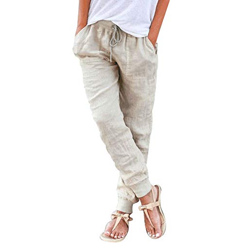 Puimentiua Womens Tapered Pants Cotton Linen Drawstring Back Elastic Waist Pants Casual Trousers with Pockets Khaki - Image 1