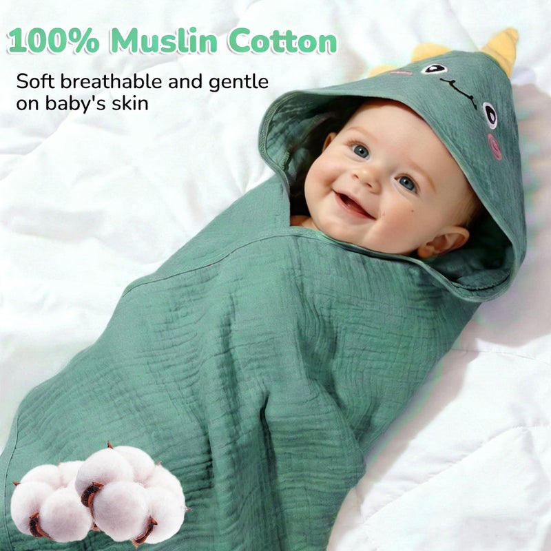CandyHome 4 PCS Muslin Baby Bath Towels Set, 100% Cotton 2 PCS Animal Hooded Baby Towels 32x32 Inch & 2 PCS Washcloths, Ultra Absorbent & Soft Infant Newborn Essentials Gifts for Boys & Girls, Dinosaur & Bear - Image 3