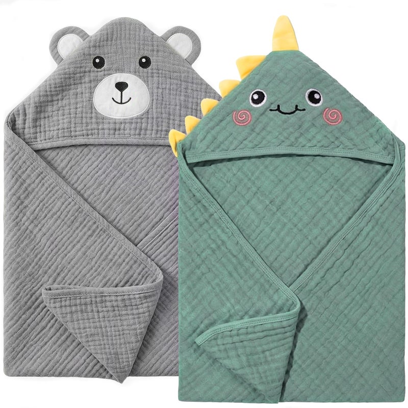 CandyHome 4 PCS Muslin Baby Bath Towels Set, 100% Cotton 2 PCS Animal Hooded Baby Towels 32x32 Inch & 2 PCS Washcloths, Ultra Absorbent & Soft Infant Newborn Essentials Gifts for Boys & Girls, Dinosaur & Bear - Image 1