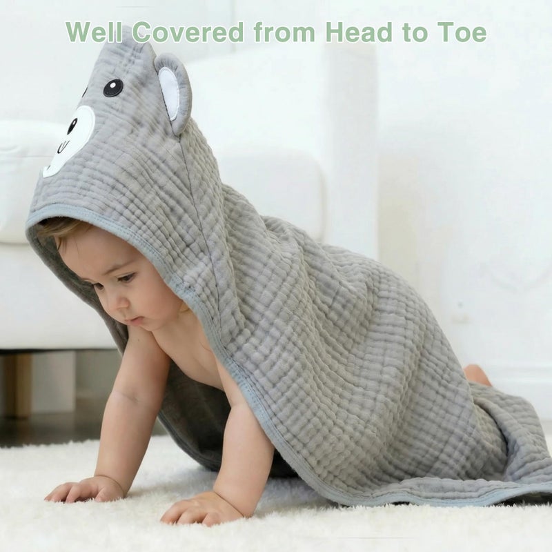 CandyHome 4 PCS Muslin Baby Bath Towels Set, 100% Cotton 2 PCS Animal Hooded Baby Towels 32x32 Inch & 2 PCS Washcloths, Ultra Absorbent & Soft Infant Newborn Essentials Gifts for Boys & Girls, Dinosaur & Bear - Image 5
