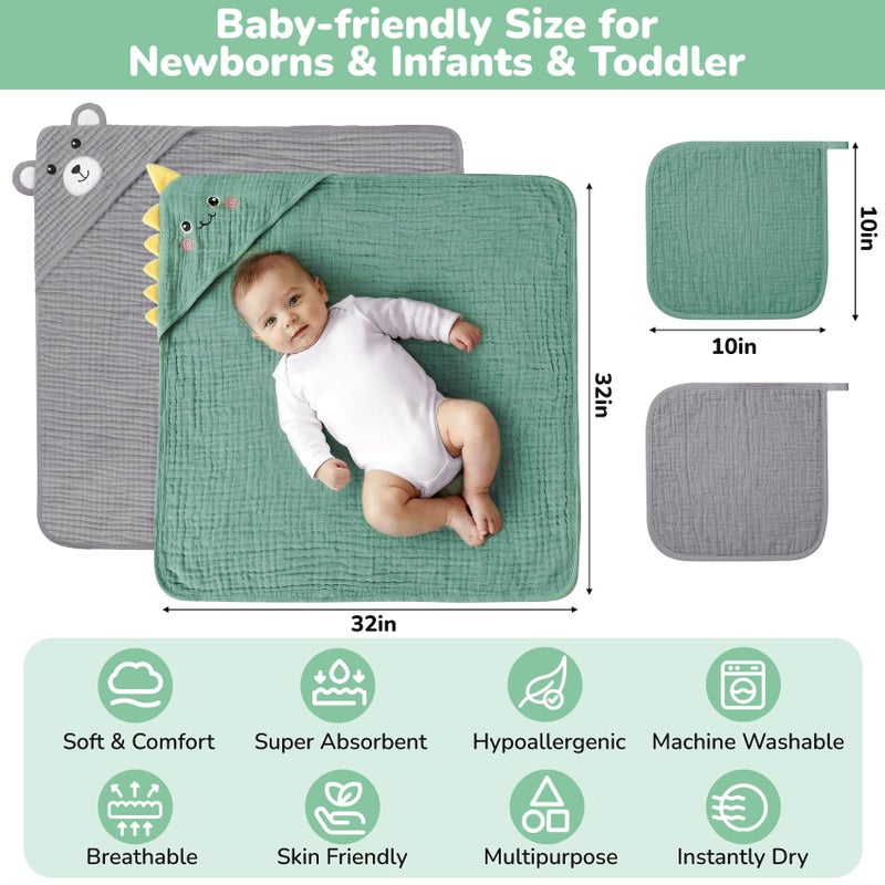 CandyHome 4 PCS Muslin Baby Bath Towels Set, 100% Cotton 2 PCS Animal Hooded Baby Towels 32x32 Inch & 2 PCS Washcloths, Ultra Absorbent & Soft Infant Newborn Essentials Gifts for Boys & Girls, Dinosaur & Bear - Image 2