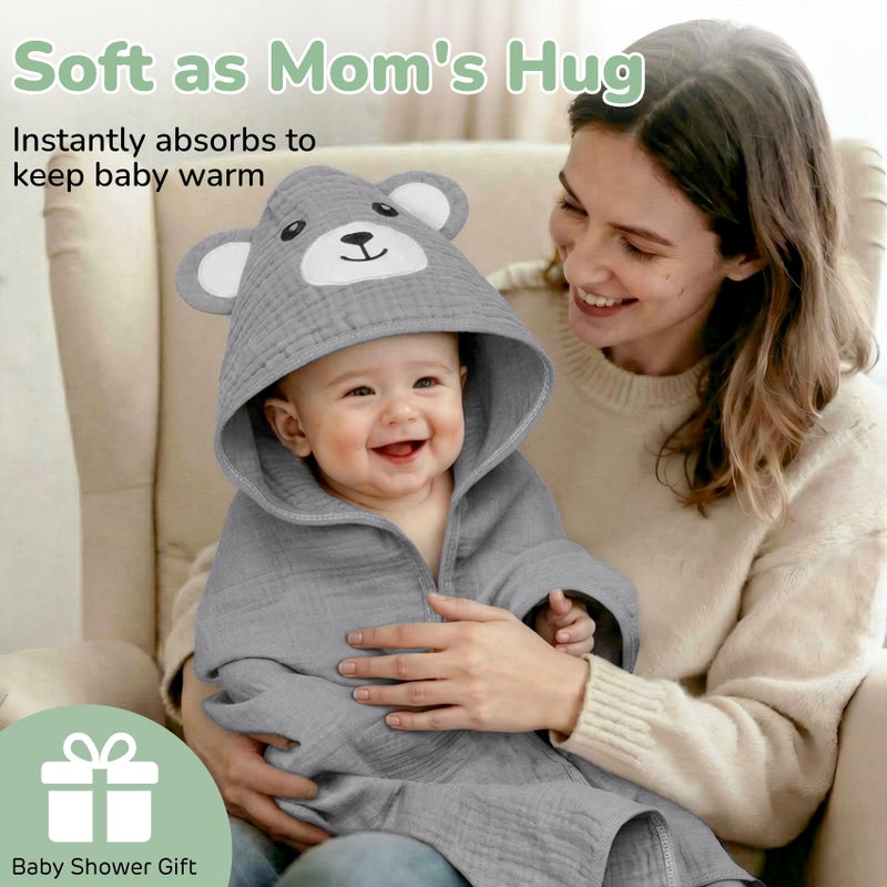 CandyHome 4 PCS Muslin Baby Bath Towels Set, 100% Cotton 2 PCS Animal Hooded Baby Towels 32x32 Inch & 2 PCS Washcloths, Ultra Absorbent & Soft Infant Newborn Essentials Gifts for Boys & Girls, Dinosaur & Bear - Image 4
