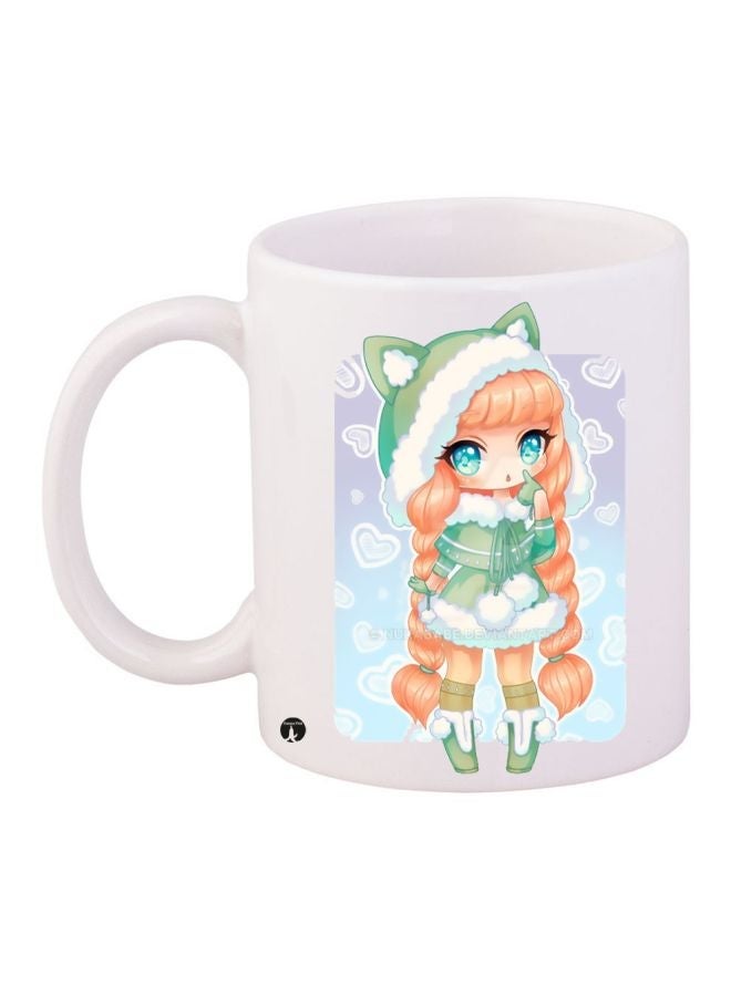 Anime Girl Printed Coffee Mug White/Blue/Green 11ounce