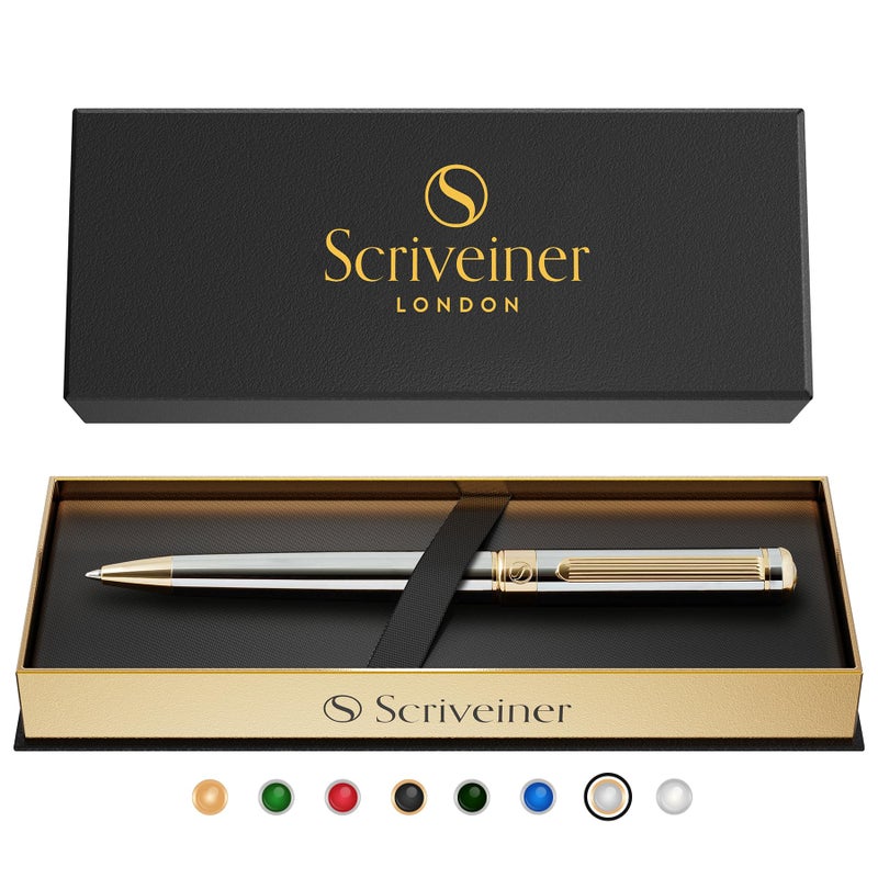 Scriveiner Silver Chrome Ballpoint Pen - Stunning Luxury Pen with 24K Gold Finish, Schmidt Black Refill, Best Ball Pen Gift Set for Men & Women, Professional, Executive, Office - Image 1