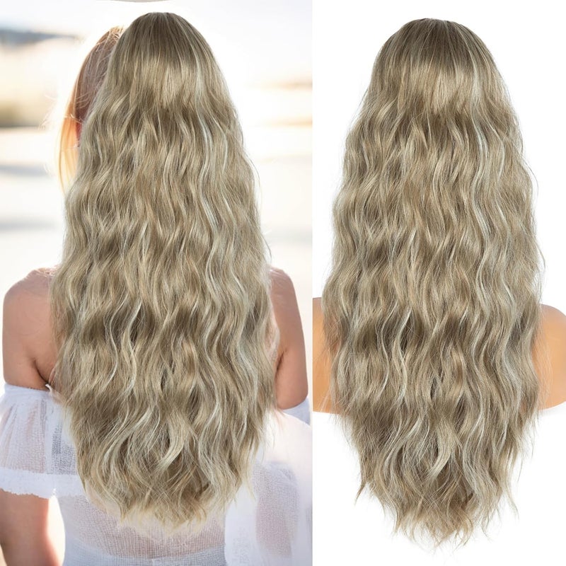 26 Inch Ponytail Extension Natural Drawstring Ponytail Extension Long Wavy Hair Extensions Synthetic Hair Pieces for Women Soft Ponytail Hair Extension Warm Ash Blonde Highlights Bleach Blonde