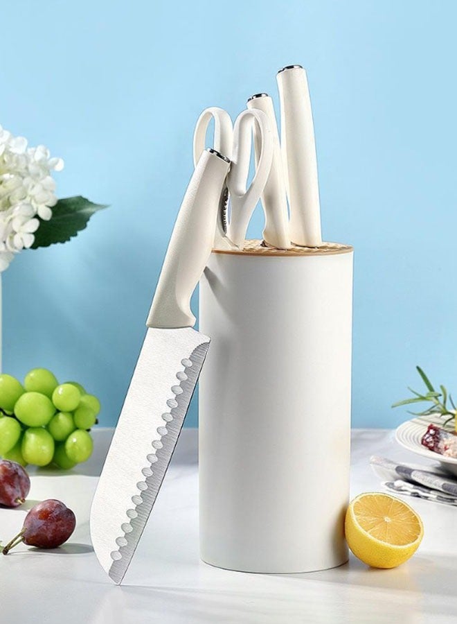 Hanayo مجموعة سكاكين مطبخ 5 قطع مع حامل سكاكين من الفولاذ المقاوم للصدأ مع مقبض مريح للتقطيع والتقطيع والتقشير (أبيض) - Image 3