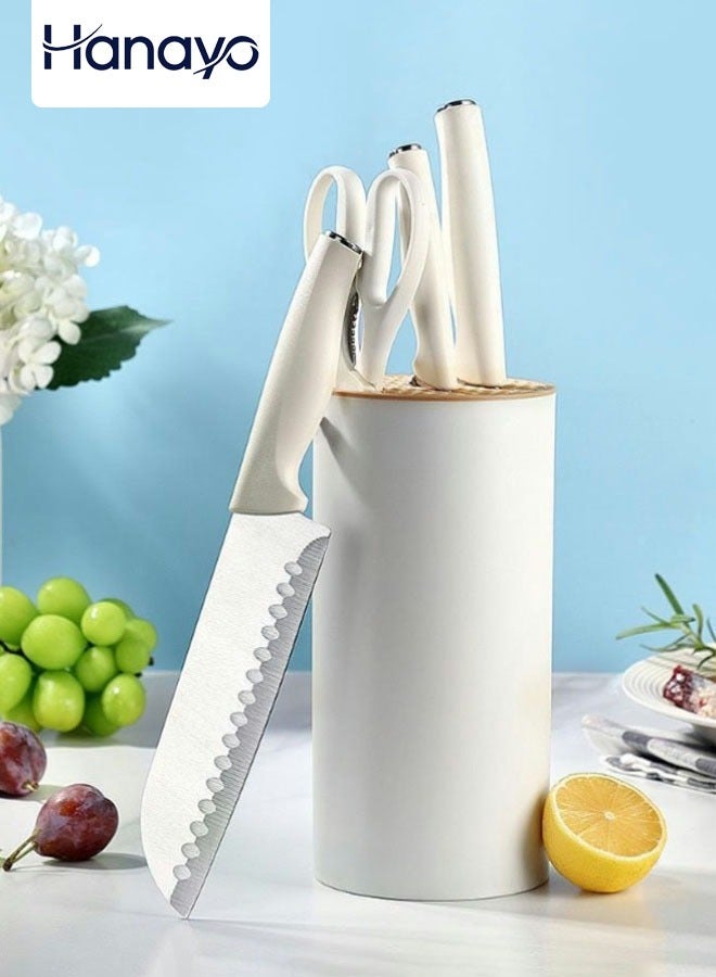 Hanayo مجموعة سكاكين مطبخ 5 قطع مع حامل سكاكين من الفولاذ المقاوم للصدأ مع مقبض مريح للتقطيع والتقطيع والتقشير (أبيض) - Image 1