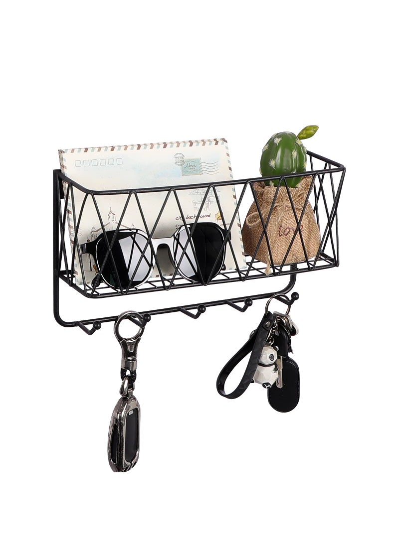 OROPY OROPY Mail Holder with Key Hooks 11in L31in W61in H Wall Mounted Matte Black Metal Wire Mesh Storage Basket with 5 Hooks Easy to Organize Letters Magazines Keys Leashes for Entryway 
