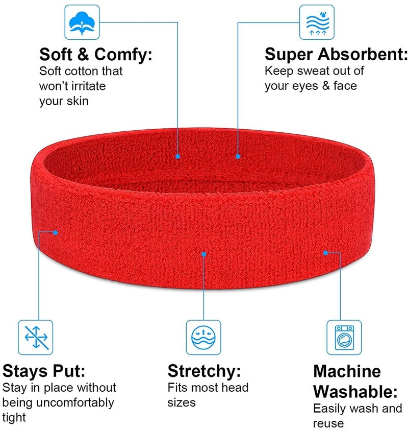 STEFFER سوار الرأس وسوار المعصم STEFFER للرياضة وصالة الألعاب الرياضية، اليوغا (1 سوار رأس - 2 أساور معصم) للرجال والنساء (أحمر) - Image 4