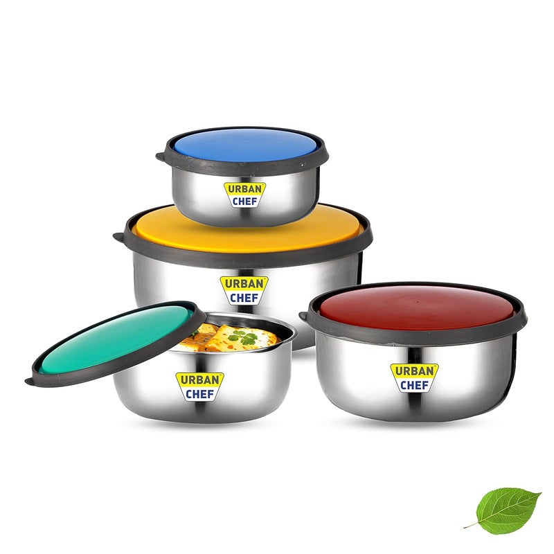 URBAN CHEF Fresca Stainless Steel Push Lock Bowl Storage Set with Multi Colour Lid 4Pieces 500 ml 750 ml 1150 ml 1650 m - Image 1