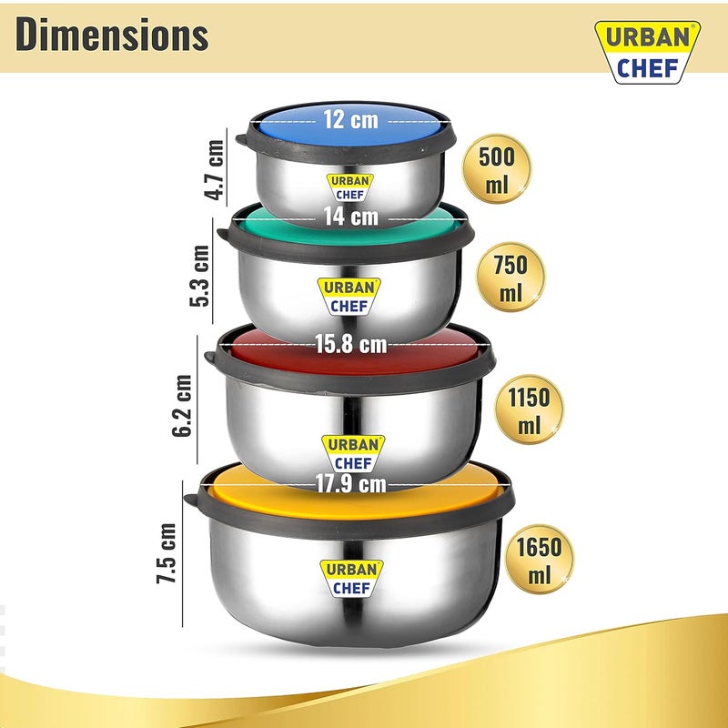 URBAN CHEF Fresca Stainless Steel Push Lock Bowl Storage Set with Multi Colour Lid 4Pieces 500 ml 750 ml 1150 ml 1650 m - Image 2