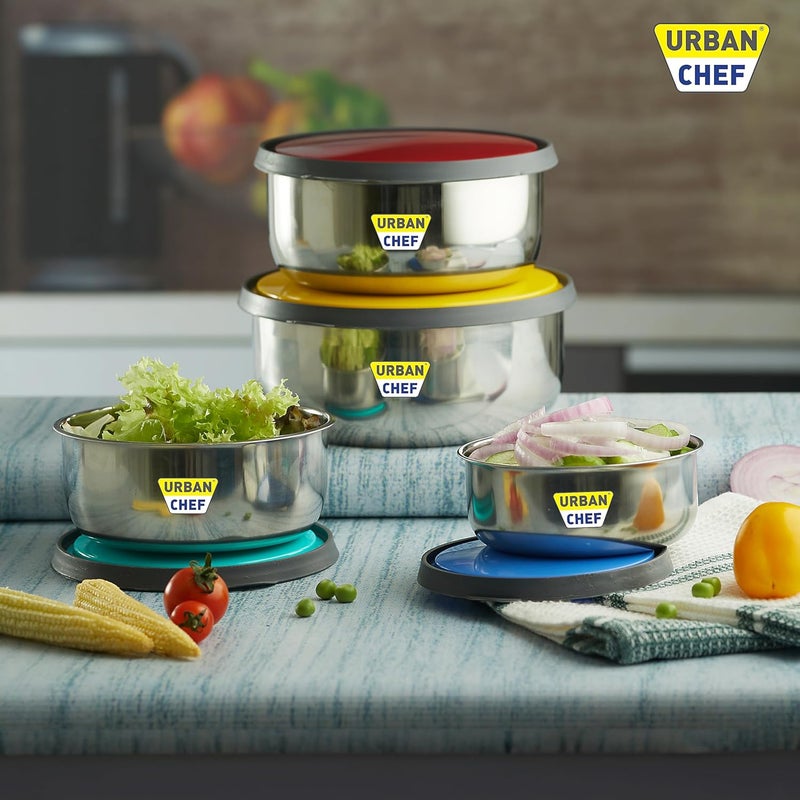 URBAN CHEF Fresca Stainless Steel Push Lock Bowl Storage Set with Multi Colour Lid 4Pieces 500 ml 750 ml 1150 ml 1650 m - Image 5