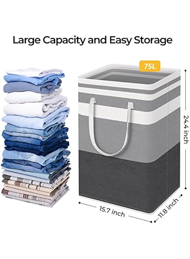 HomeHacks 2 Pack Large Laundry Baskets, Waterproof, Freestanding Laundry Hampers, Collapsible Clothes Hamper with Reinforced Handles in Laundry Room, College Dorm, Bathroom, Bedroom (Grey, 75Lx2) - Image 4