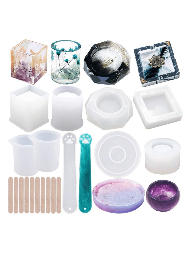 KASTWAVE Resin Silicone Mold 19Pcs Large Resin Casting Molds Includes Round Cylinder Cube Bowl Epoxy Resin Art Molds for Flower Pot Ashtray Candle Soap Pen Holder and Jewelry Making Home Decoration - Image 1