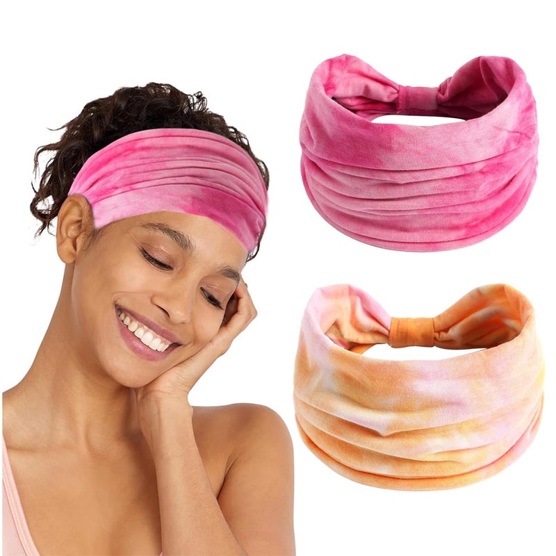 May Create MAYCREATE® 2Pcs Head Bands for Women, Wide Hair Bands for Womens, Stretchy Pre-tied Sport Hair Band, Fashion Sweat Headband for Women, Moisture-wicking Polyester, Quick Dry Headwear (Pink & Orange) - Image 1