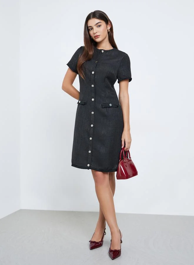 Styli Styli Black Tweed Look Knee Length Dress