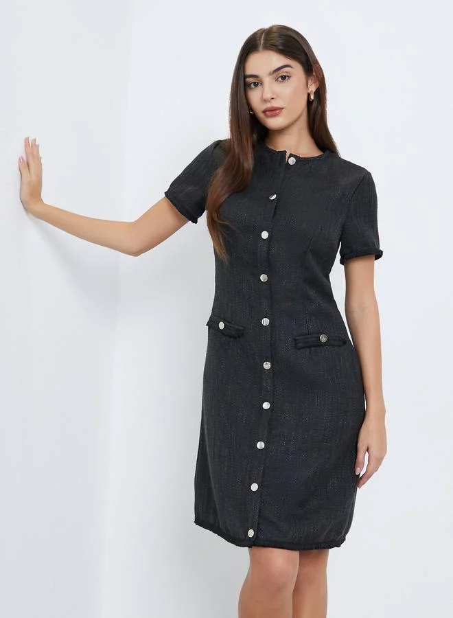 Styli Styli Black Tweed Look Knee Length Dress