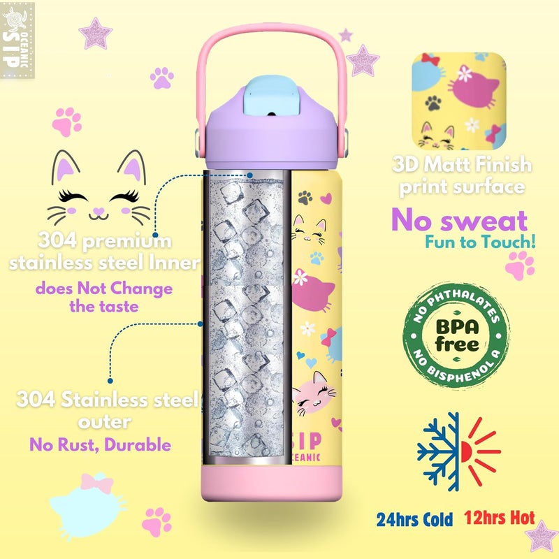 OCEANIC 550ml Girls Premium Stainless Steel Water Bottle with Straw – Leak-Proof, Double-Wall Vacuum Insulated Kids Flask for School & Sports, BPA-Freef (Kitty Cats, 550ml) - Image 4