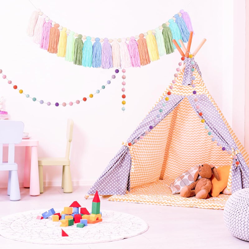 IIDEA 2 PCS Rainbow Boho Tassel Garland, 6.5 Feet Pom Pom Tassel 20 Felt Balls, Colorful Wall Hanging Banner Pastel Fabric Decor for Classroom,Party,Nursery,Wedding,Birthday Party & Home Decoration - Image 5