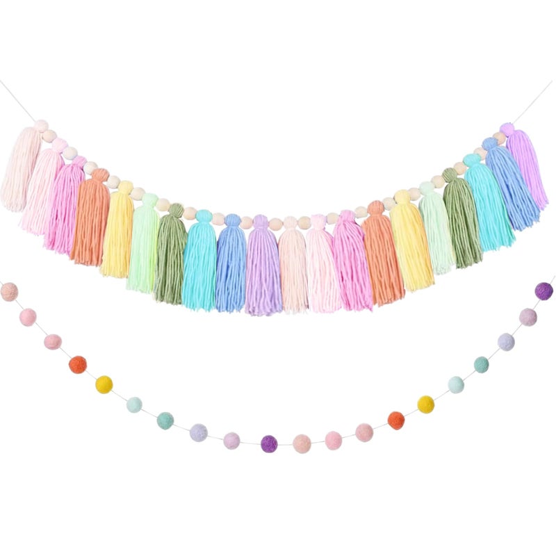 IIDEA 2 PCS Rainbow Boho Tassel Garland, 6.5 Feet Pom Pom Tassel 20 Felt Balls, Colorful Wall Hanging Banner Pastel Fabric Decor for Classroom,Party,Nursery,Wedding,Birthday Party & Home Decoration - Image 1