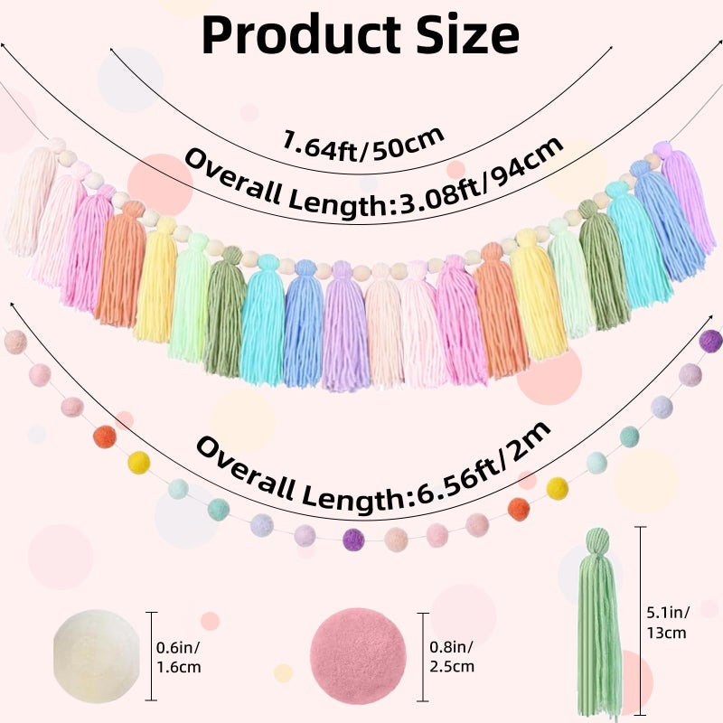 IIDEA 2 PCS Rainbow Boho Tassel Garland, 6.5 Feet Pom Pom Tassel 20 Felt Balls, Colorful Wall Hanging Banner Pastel Fabric Decor for Classroom,Party,Nursery,Wedding,Birthday Party & Home Decoration - Image 2