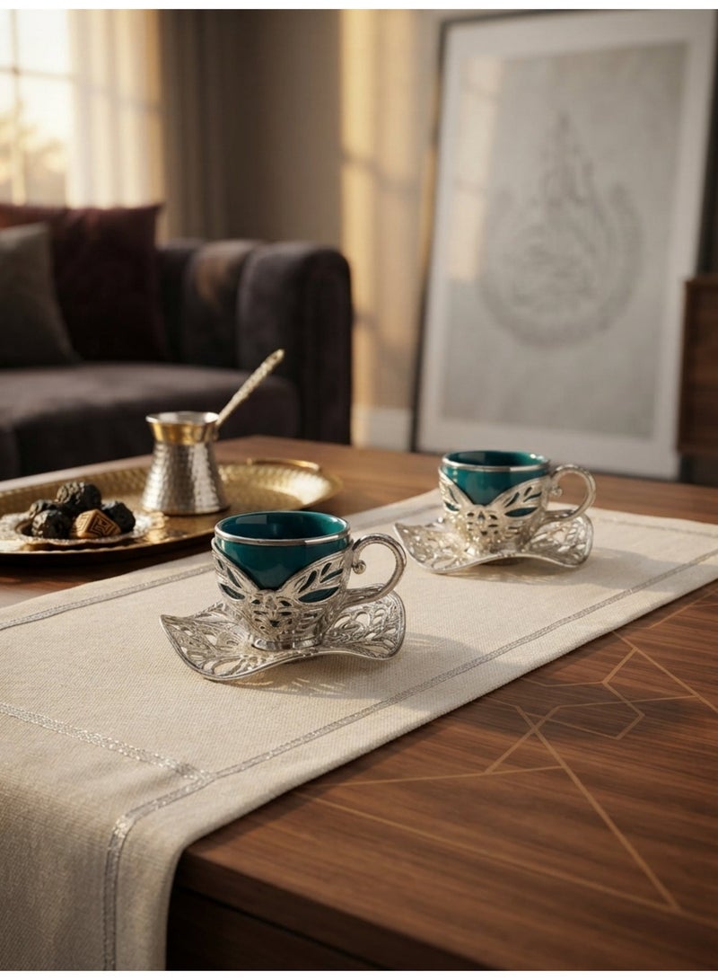 Acar Luxury Turkish Coffee Set of 2 Cups with Holders and Saucers in Elegant Ottoman Style in Green & Silver – Made in Turkey - Image 1