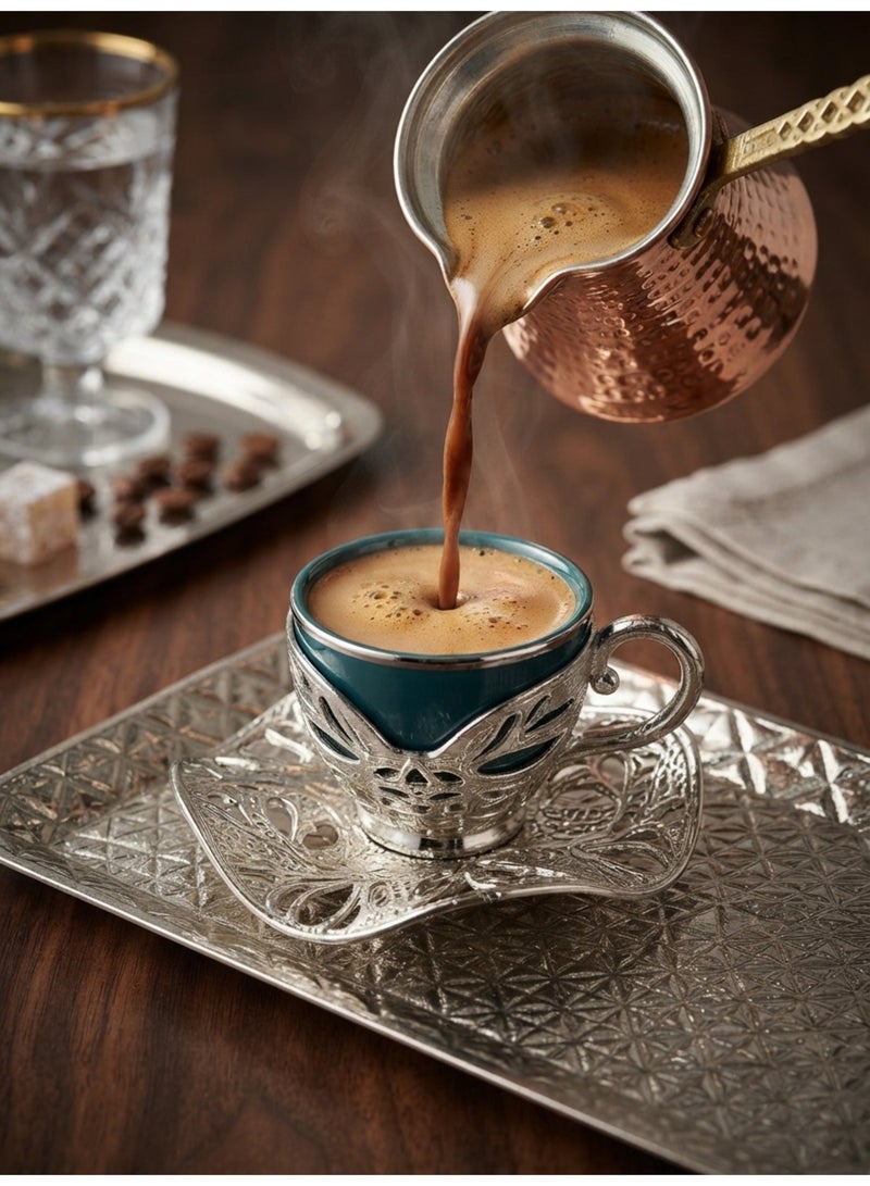 Acar Luxury Turkish Coffee Set of 2 Cups with Holders and Saucers in Elegant Ottoman Style in Green & Silver – Made in Turkey - Image 3