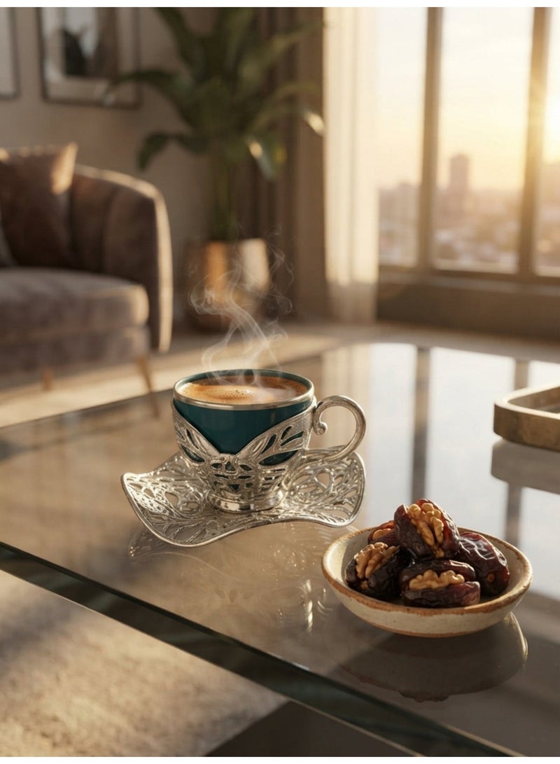 Acar Luxury Turkish Coffee Set of 2 Cups with Holders and Saucers in Elegant Ottoman Style in Green & Silver – Made in Turkey - Image 4