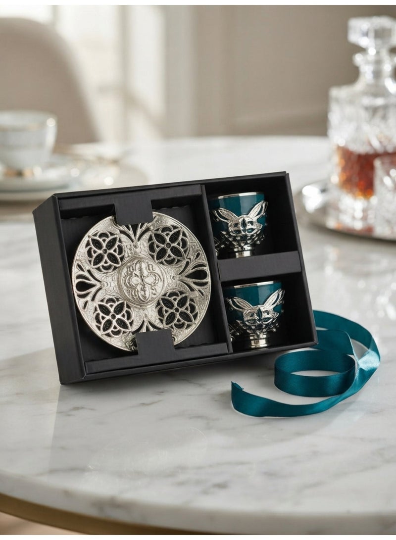 Acar Luxury Turkish Coffee Set of 2 Cups with Holders and Saucers in Elegant Ottoman Style in Green & Silver – Made in Turkey - Image 5