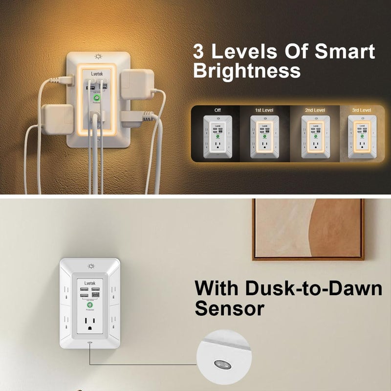 Lvetek Multi Plug Outlet Surge Protector - 3-Sided Power Strip with 5 Outlet Extender and 4 USB Ports(1 USB-C) and Night Light, USB Wall Charger for Home, Office, Travel, ETL Listed, White - Image 4