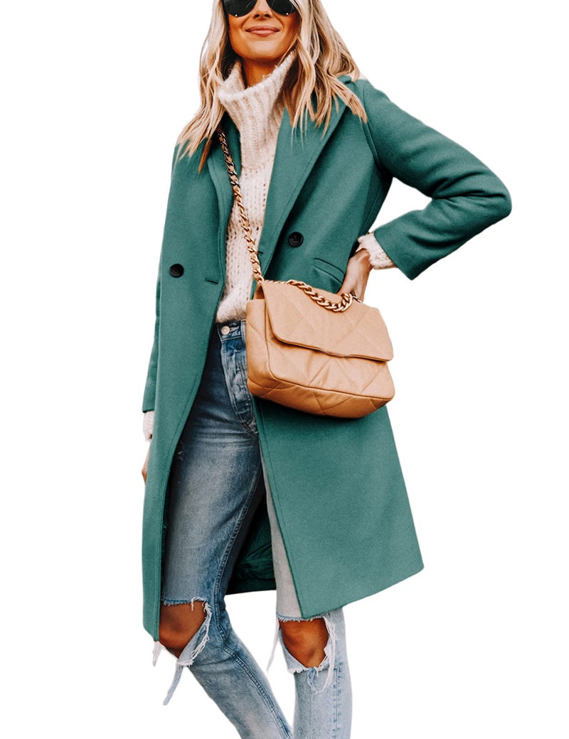 Hooever Womens Winter Wool Coat Casual Notch Lapel SingleBreasted Peacoat TealXL