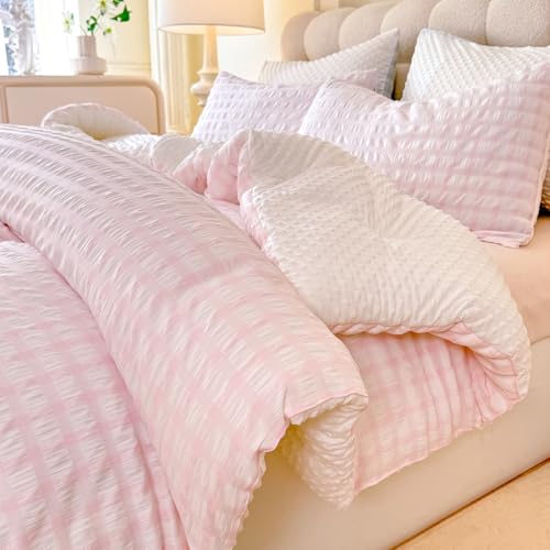 tohrisa Boho Comforter Set Queen Size - 3 Pieces Lightweight Jacquard Seersucker Bedding Sets (1 Soft Fluffy Grid Comforter & 2 Pillowcases) - All Seasons Cozy Modern Bed Set(90"x90" Blush Pink) - Image 1