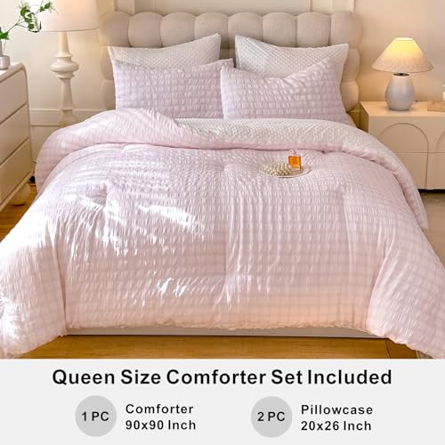 tohrisa Boho Comforter Set Queen Size - 3 Pieces Lightweight Jacquard Seersucker Bedding Sets (1 Soft Fluffy Grid Comforter & 2 Pillowcases) - All Seasons Cozy Modern Bed Set(90"x90" Blush Pink) - Image 5