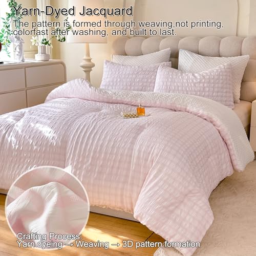 tohrisa Boho Comforter Set Queen Size - 3 Pieces Lightweight Jacquard Seersucker Bedding Sets (1 Soft Fluffy Grid Comforter & 2 Pillowcases) - All Seasons Cozy Modern Bed Set(90"x90" Blush Pink) - Image 2