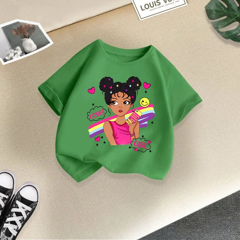 Children'S T-Shirt For Girls, Short-Sleeved Cotton, 2026 New Style, Stylish Cartoon Print Top For Girls, Korean Style Children'S Clothing Trend - Image 1