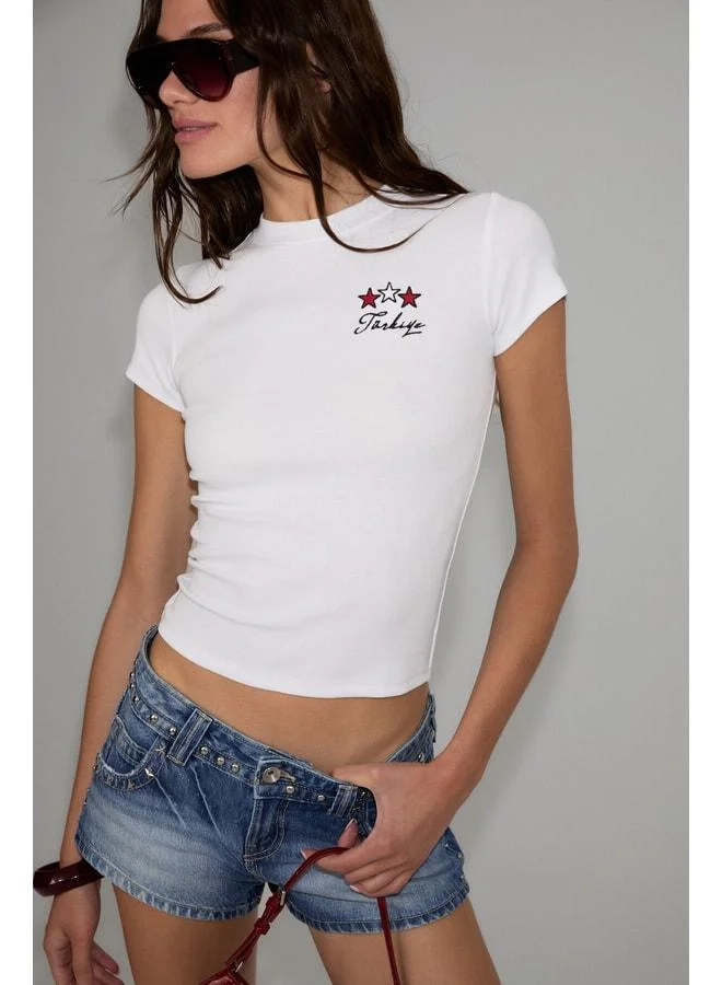 Grimelange SELCEN Women's Soft and Stretchy Fabric Organic Cotton World Cup Special Embroidered White T-Shirt.