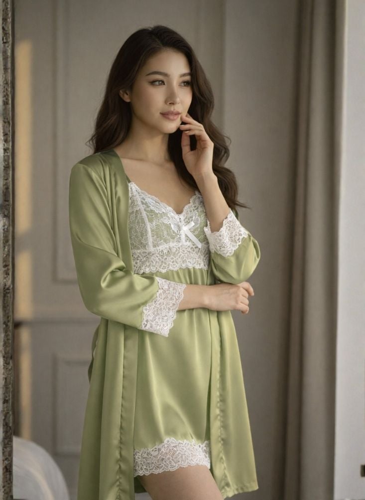 Cute Sage Green Satin Lace Nightdress with Matching Robe – Soft Breathable Fabric, Luxury Women’s Sleepwear Set - Image 2