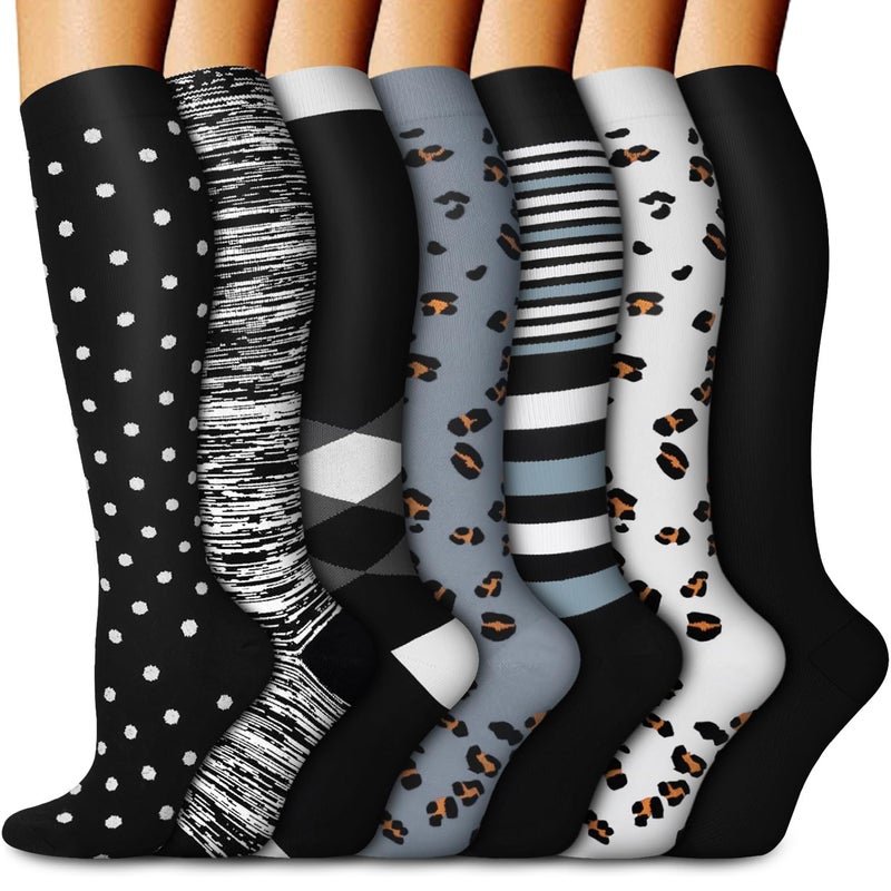 Aoliks Compression Socks for Women and Men, Knee High Support Stockings for Travel and Daily Wear, Stylish Compression Socks for Women, Black Leopard Pattern - Image 1