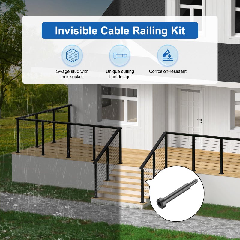 BLIKA Upgraded 20 Pairs 1/8" Black Invisible Cable Railing Kit, Hidden Swage Tensioner and Ends for 2"x2", 4''x4'' Wood & Metal Posts, T316 Stainless Steel, 4''x4'' Deck Stair Cable Railing Hardware - Image 3