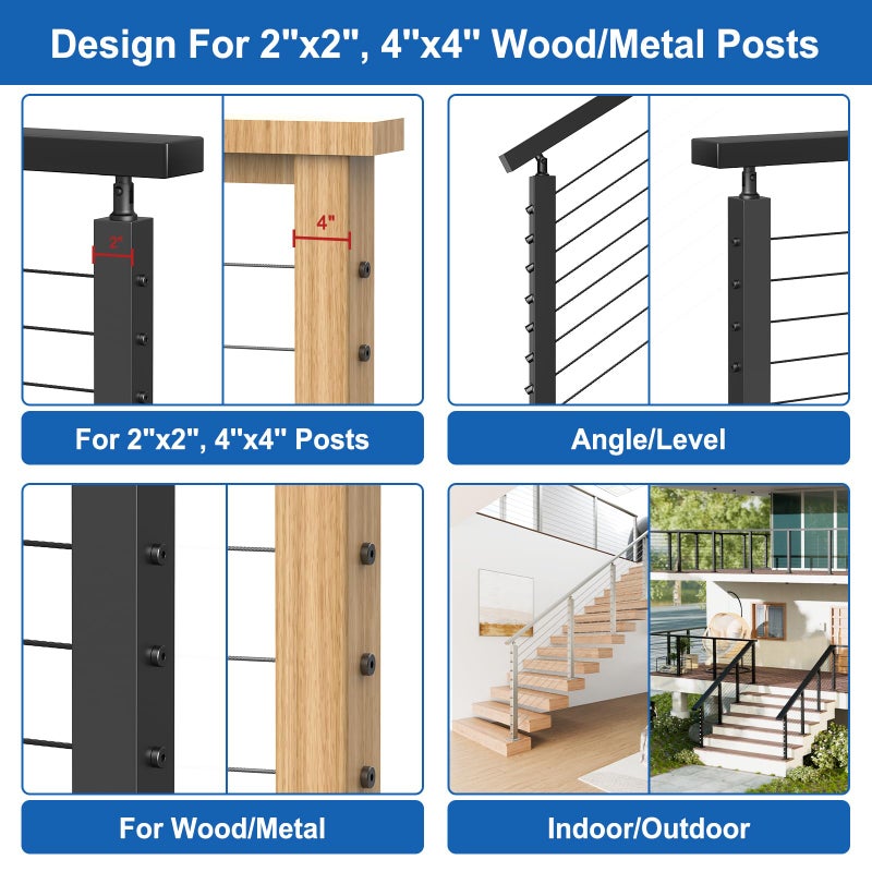 BLIKA Upgraded 20 Pairs 1/8" Black Invisible Cable Railing Kit, Hidden Swage Tensioner and Ends for 2"x2", 4''x4'' Wood & Metal Posts, T316 Stainless Steel, 4''x4'' Deck Stair Cable Railing Hardware - Image 4