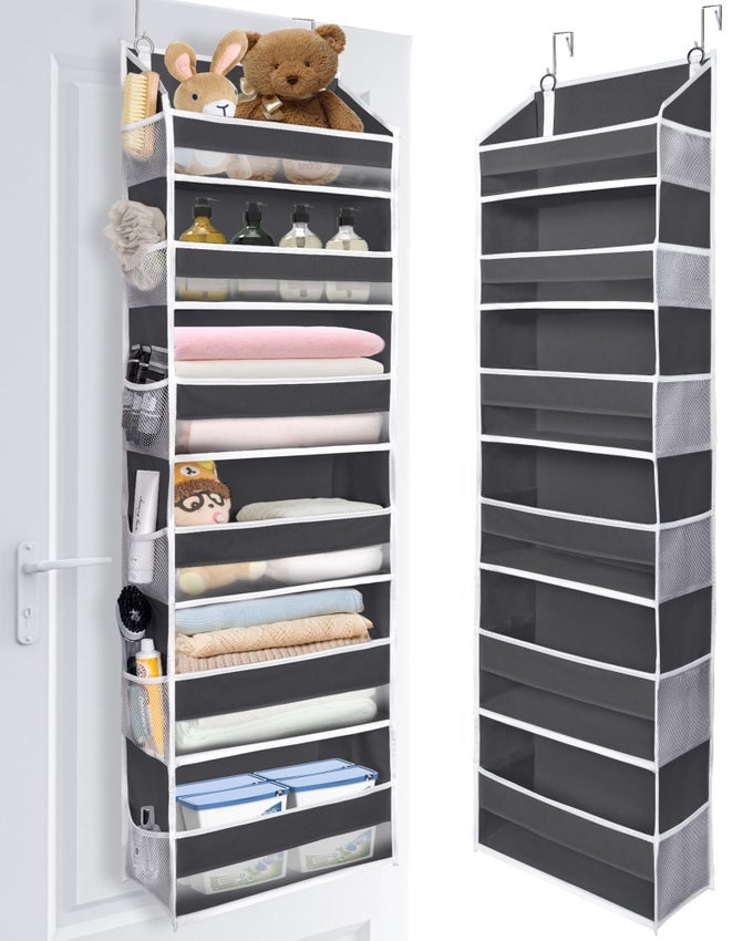 OVER THE DOOR ORGANIZER WITH 6 LARGE POCKETS 12 SIDE POCKETS 50LBS WEIGHT CAPACITY DOOR HANGING ORGANIZER FOR BEDROOM BATHROOM PANTRY NURSERY STORAGE DARK GRAY
