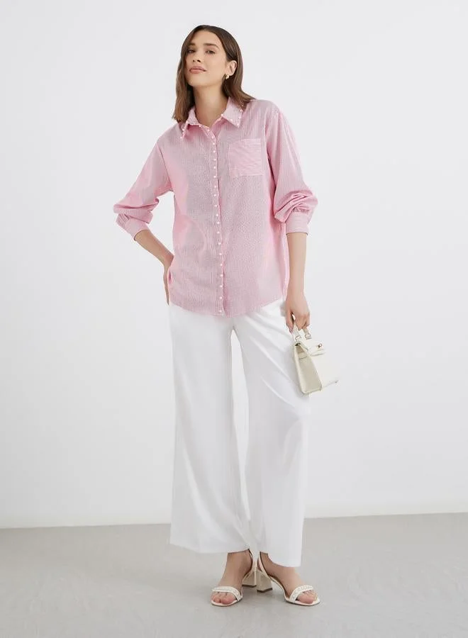 تايك تو قميص نسائي طويل الأكمام مخطط باللون الأحمر كبير الحجم