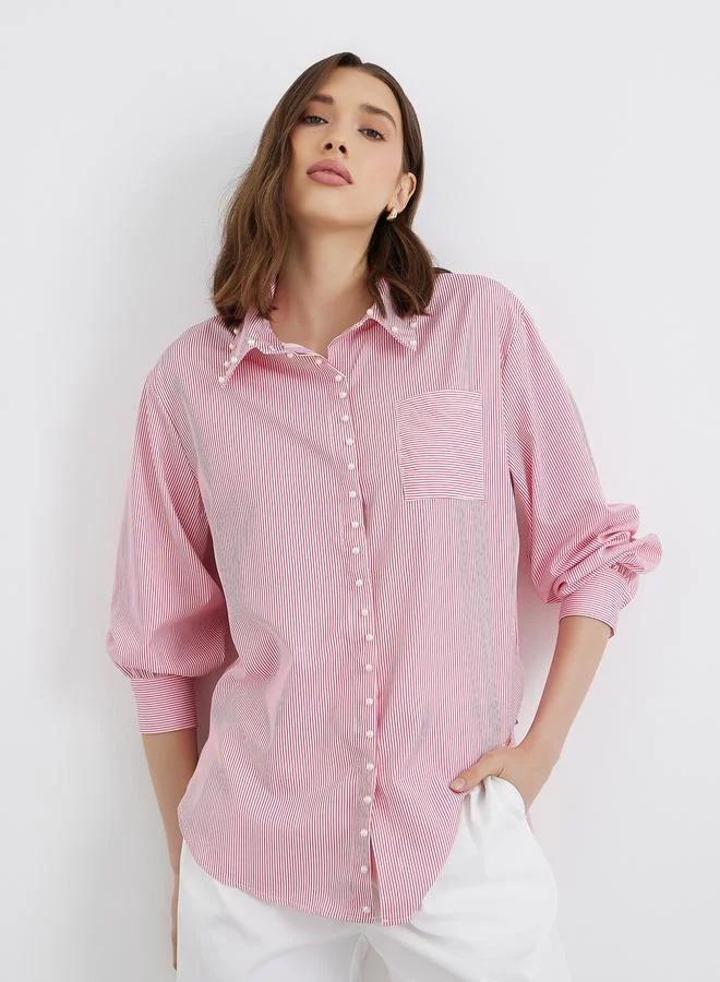 تايك تو قميص نسائي طويل الأكمام مخطط باللون الأحمر كبير الحجم