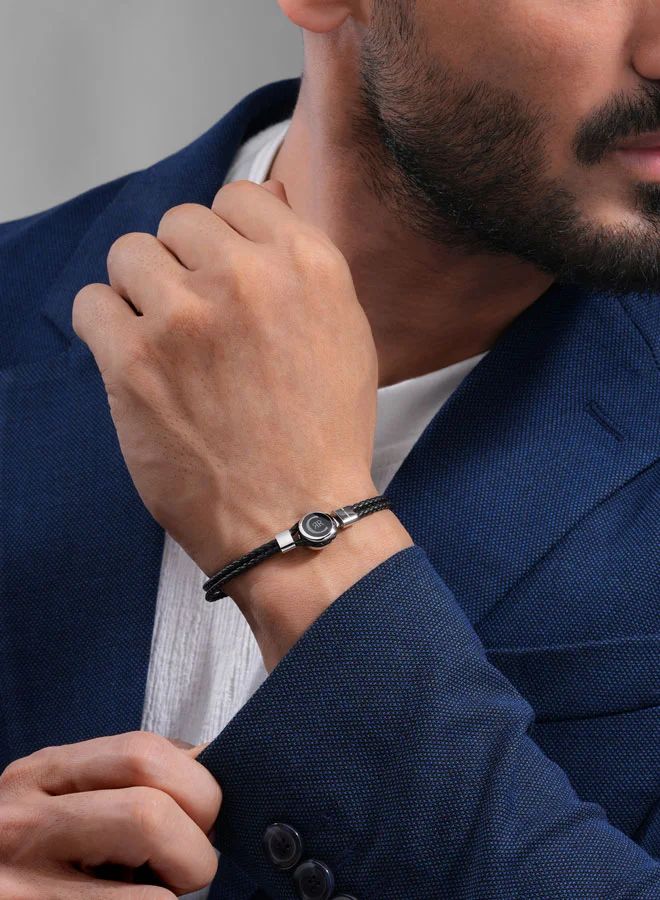 CERRUTI 1881 Vincenzo Two Tone SilverGrey and Black Leather Bracelet