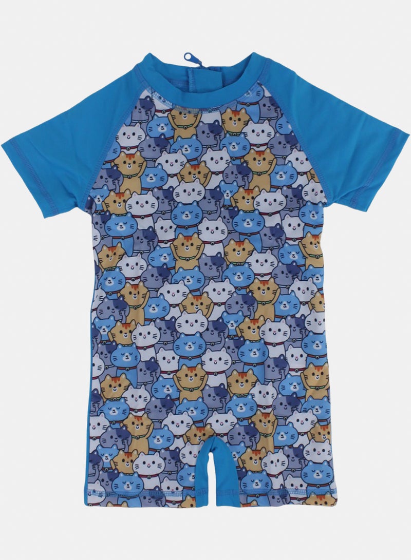 Baby Boys Sunsuit One-Piece – Turquoise with Cats Print
